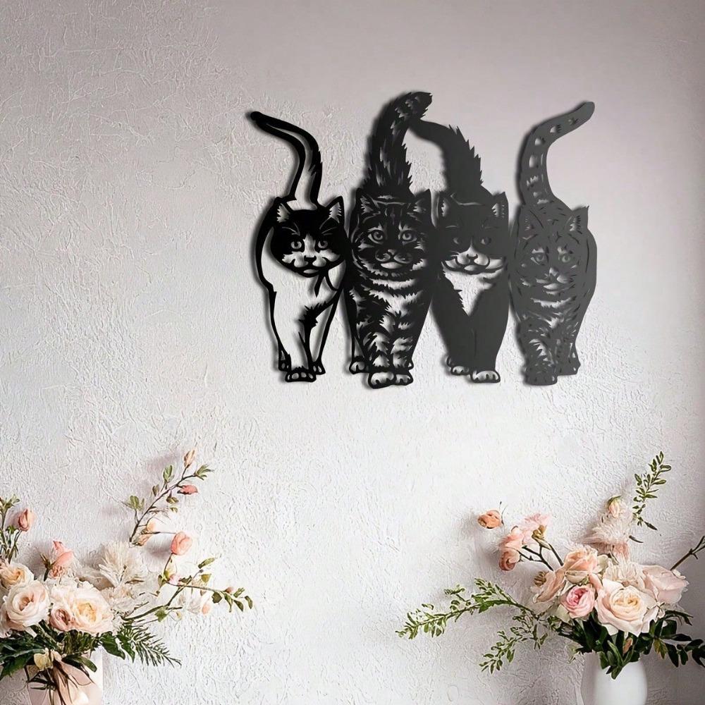 Four Walking Cats Minimalist Metal Wall Art - Modern Home Decor For Bedroom, Living Room, Or Bathroom.