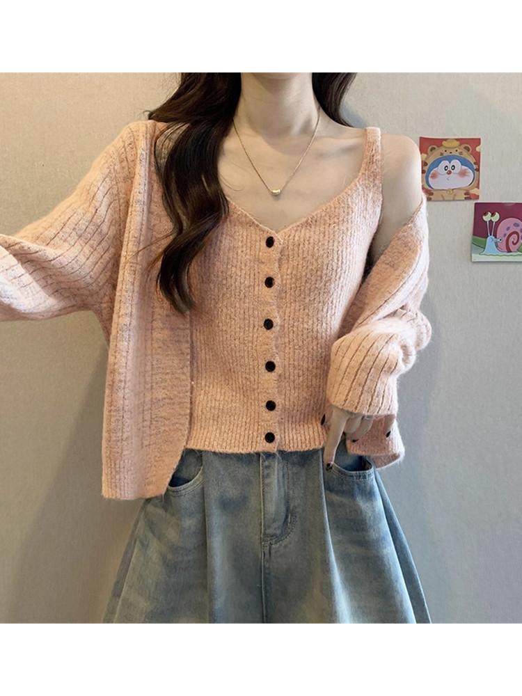 2025 Autumn and Winter New Retro Chic Camisole Vest Knitted Cardigan Two-Piece Set Women's Top Slimming Versatile Set