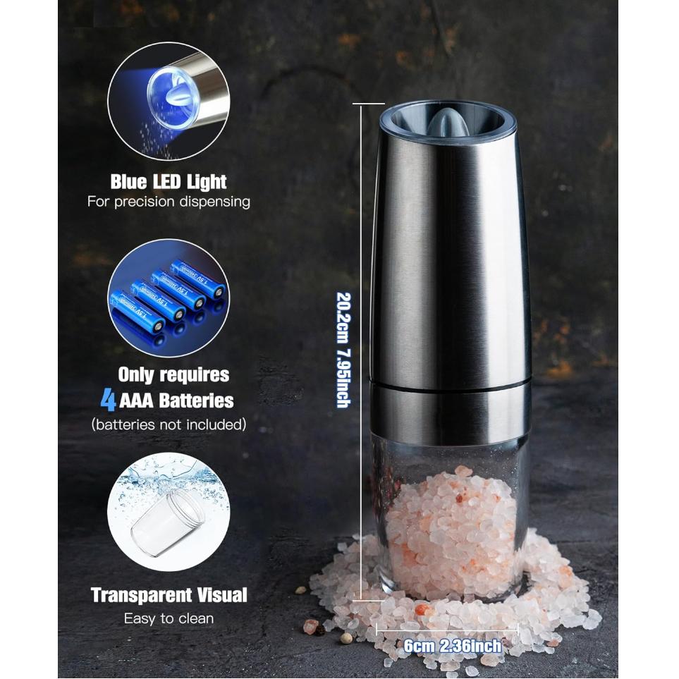Набор из 1/2 электрических гравитационных мельниц для соли и перца, регулируемая степень помола, питание от батареек со светодиодной подсветкой, управление одной рукой для кухни