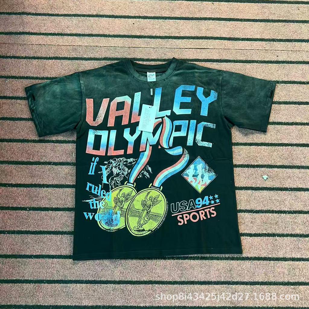 2025 American trendy brand Vall washed old printed short-sleeved hip-hop loose street fashion T-shirt for men and women