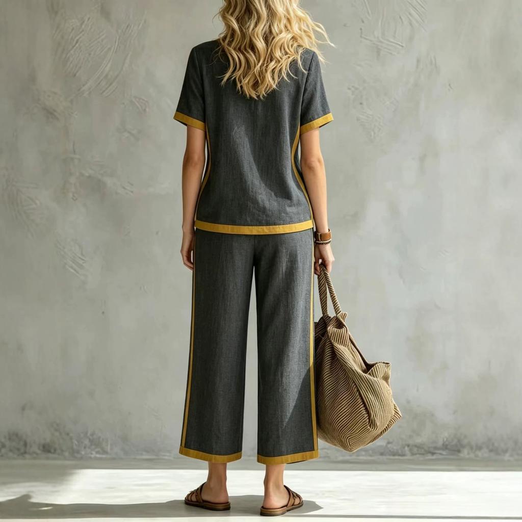 1116 New European and American style V-neck short-sleeved contrasting wide-leg pants set for women's summer casual fashion two-piece set