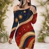 Women Plus Size One Shoulder Strap Long Sleeve Printed Red Blue White Bodycon Mini Dress