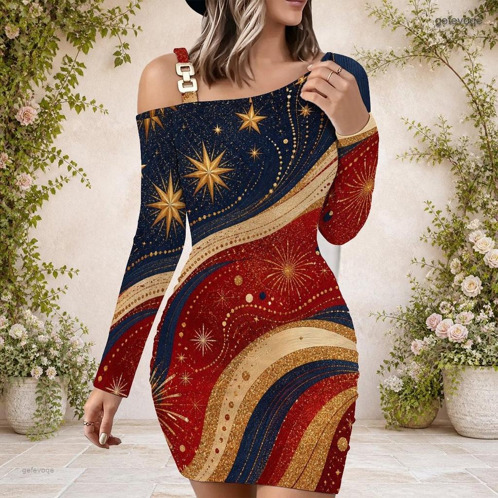 Women Plus Size One Shoulder Strap Long Sleeve Printed Red Blue White Bodycon Mini Dress