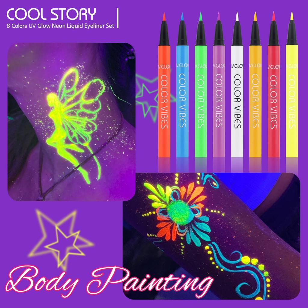 Набор из 8 неоновых флуоресцентных подводок для глаз: Водонепроницаемая, Влагостойкая, Быстросохнущая Матовая Краска для Тела, Набор Светящихся в Темноте.