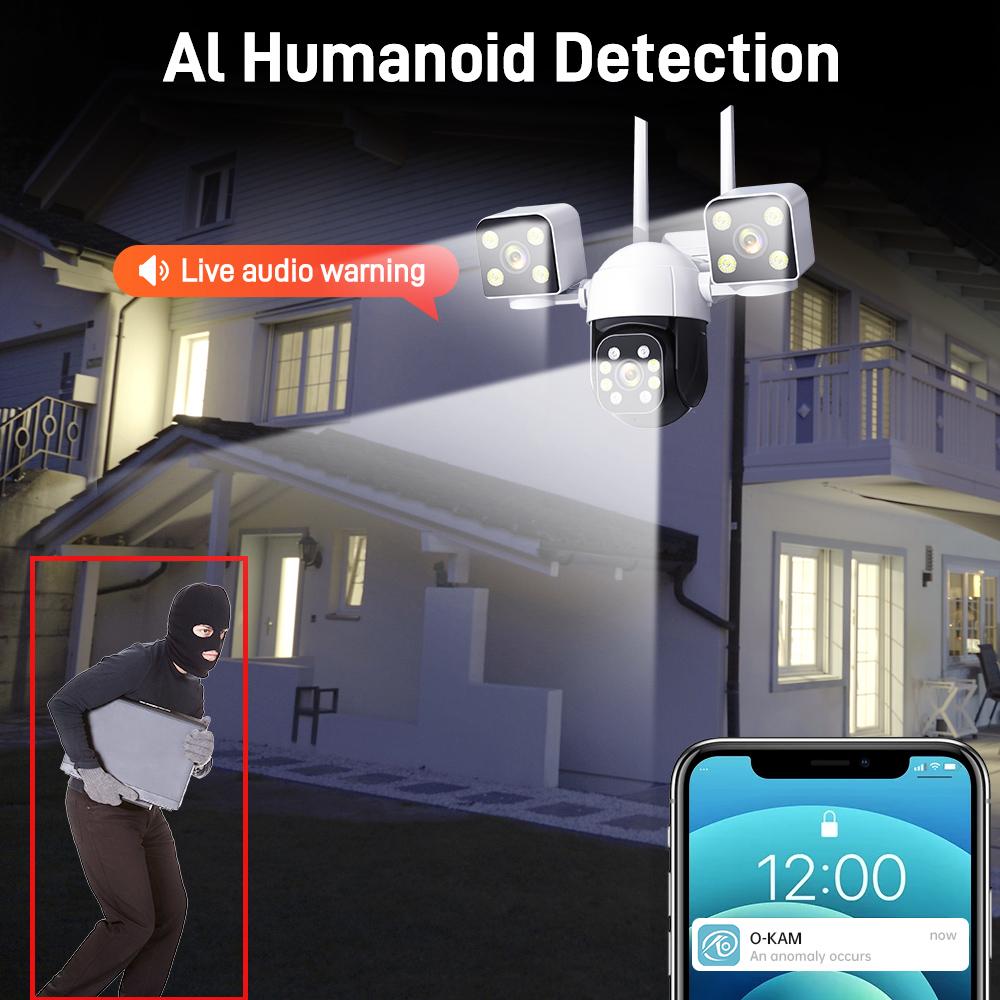 6K 12MP WiFi Surveillance Camera, 3Lens 3 Screens, Digital Zoom, AI Human Detect, ONVIF, 8MP Outdoor Security PTZ IP Cameras
