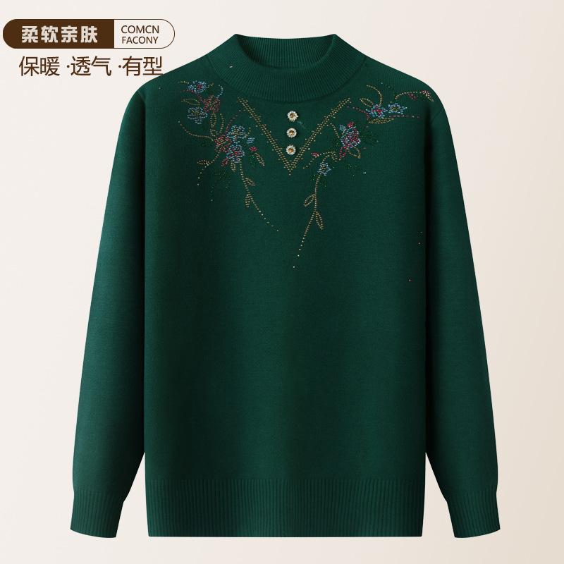 Mother's autumn and winter fleece-lined base shirt, middle-aged and elderly autumn clothing, winter warm sweater, women's top, ladies' knitwear