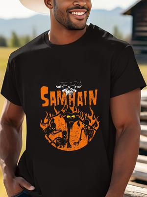 Мужская футболка с принтом «Samhain» - Повседневная черная хлопковая футболка с оранжевым и желтым F