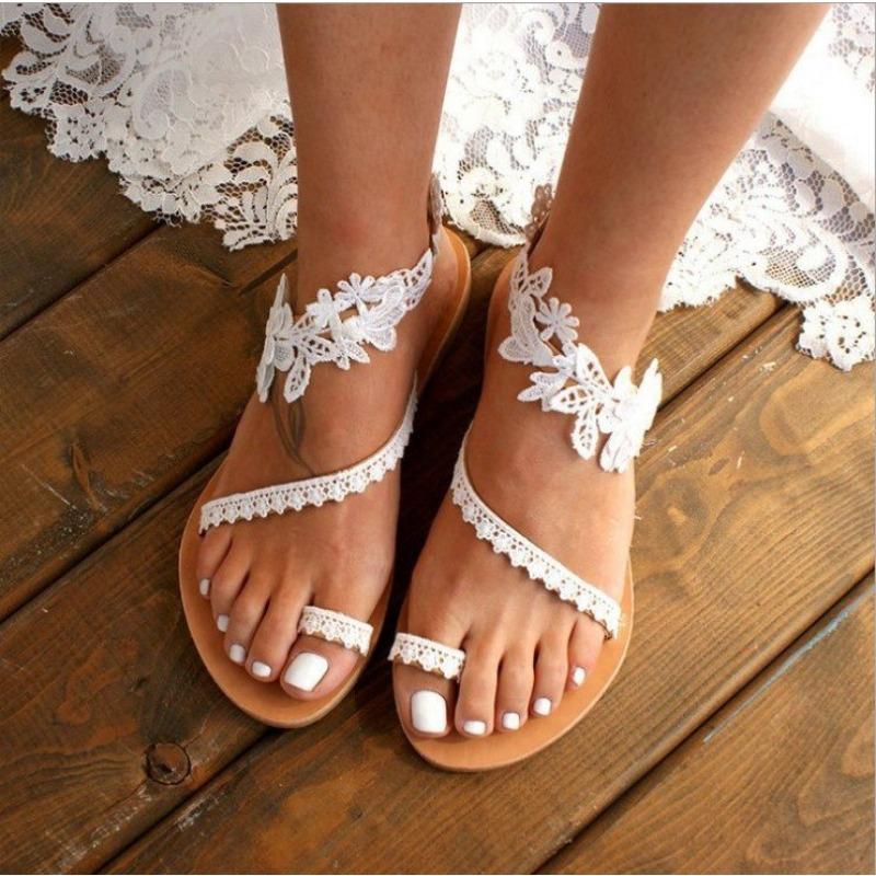 Fashion Summer Women Sandals Female Slip-on Flat Shoes Bohemian Sexy White Lace Roman Sandals Sandalias Mujer Sapato Feminino