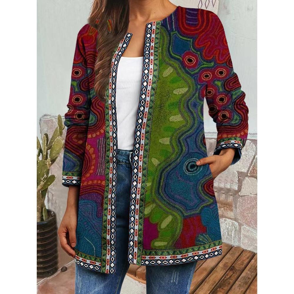 GMXIA Осень-зима винтажный этнический стиль принт большой размер куртка кардиган женская одежда