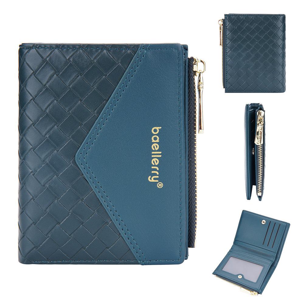 Женский модный короткий тканый кошелек в два раза из искусственной кожи с застежкой-держателем для карт, женский умный кошелек на молнии с несколькими картами