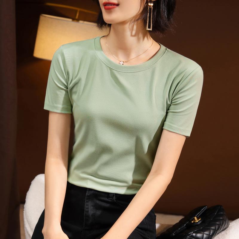 Solid Color Short-sleeved T-shirt for Women's New Women's Solid Color Round Neck Cotton T-shirt To Make You Look Slim and Belly-covering Top