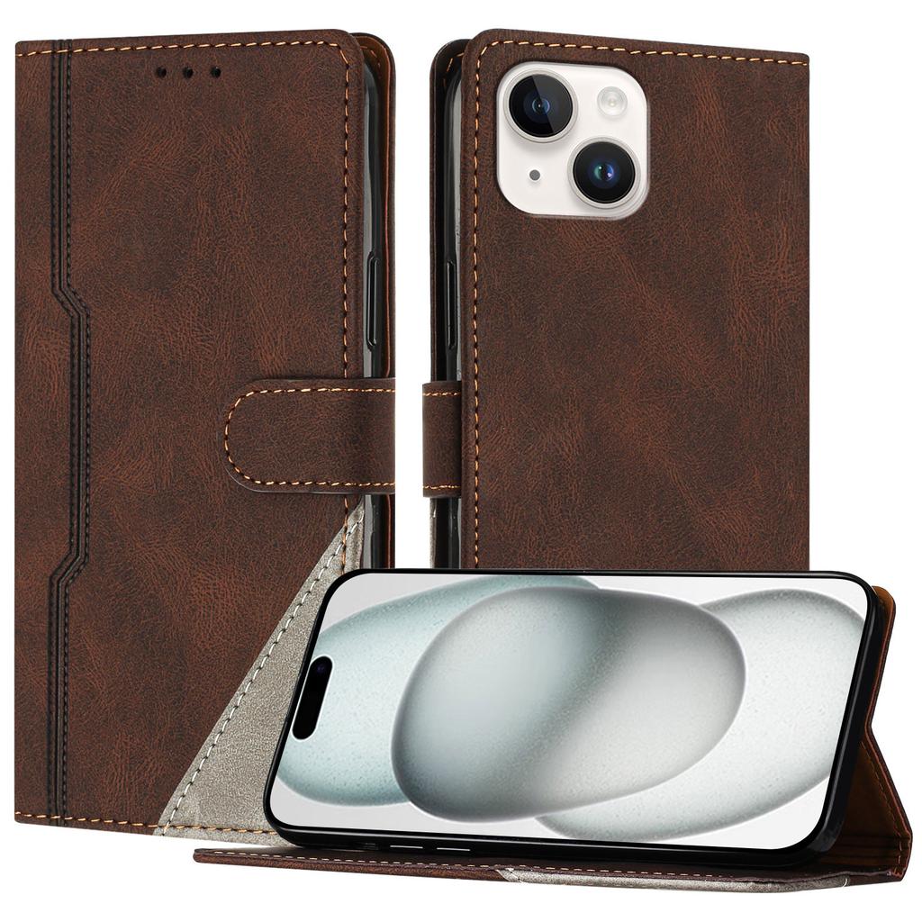 For iPhone 15 Leather Case Triangle Patchwork Wallet Stand Shockproof Phone Cover