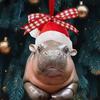 Christmas Pygmy Hippo Ornaments Acrylic Baby Hippo Xmas Hat Decorations Realistic Hanging Pendant