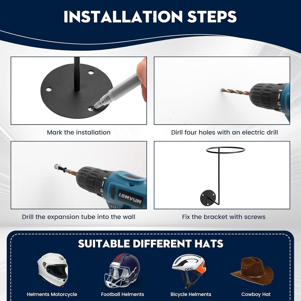 Настенное крепление для шлема - 4 шт. Металлический держатель для мотоциклетного шлема, Прочное стальное настенное крепление для мотоэкипировки, шляп, курток, Компактное гаражное хранение и