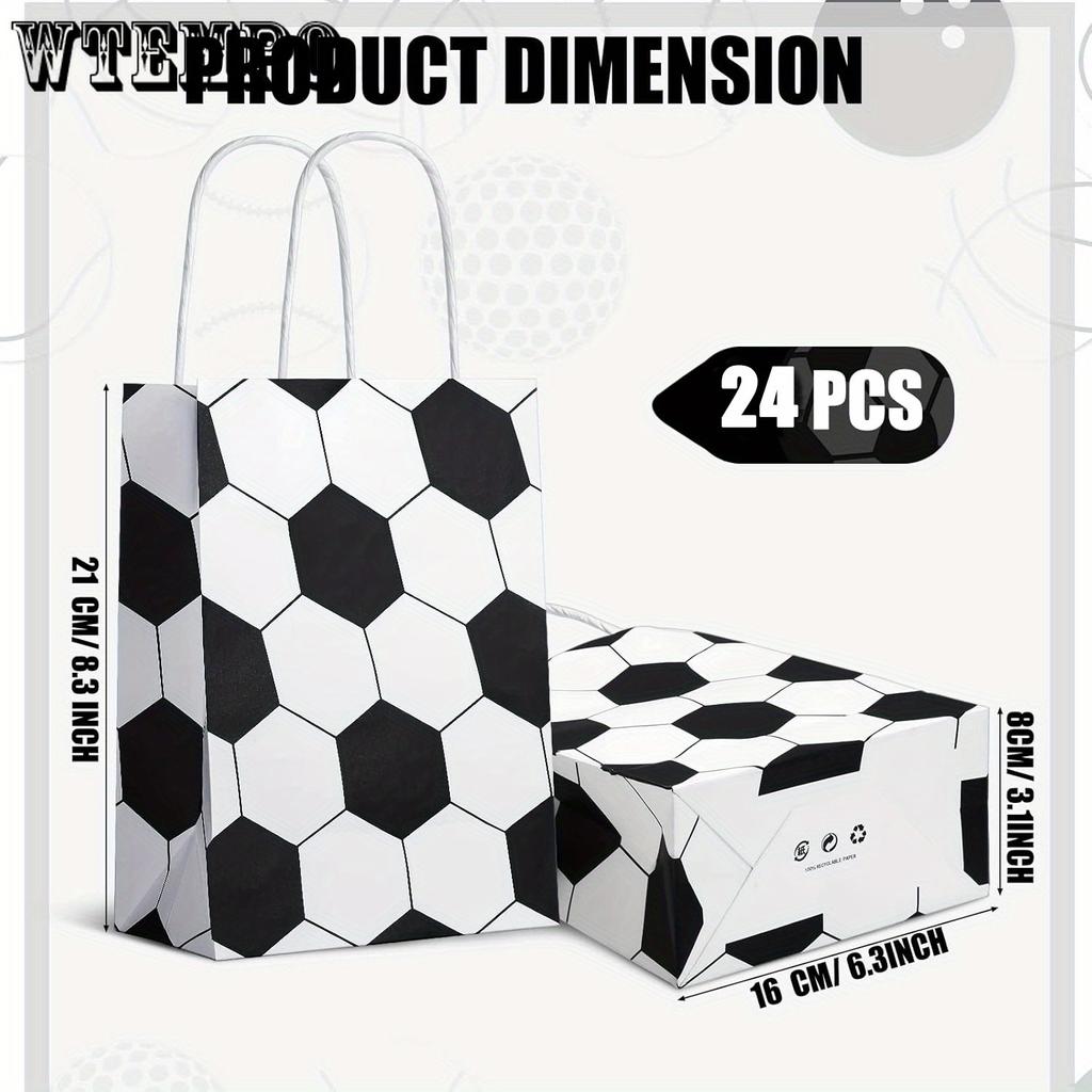 Упаковка из 24 бумажных подарочных пакетов с ручками на футбольную тематику - прочная крафт-упаковка для хранения подарков на спортивные дни рождения, командные мероприятия, сумки-шопперы