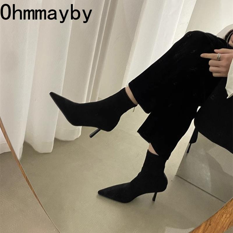 Осенние ботильоны на высоком каблуке, эластичные, облегающие, женские, осенние, элегантные, с острым носком, короткие ботильоны для женщин