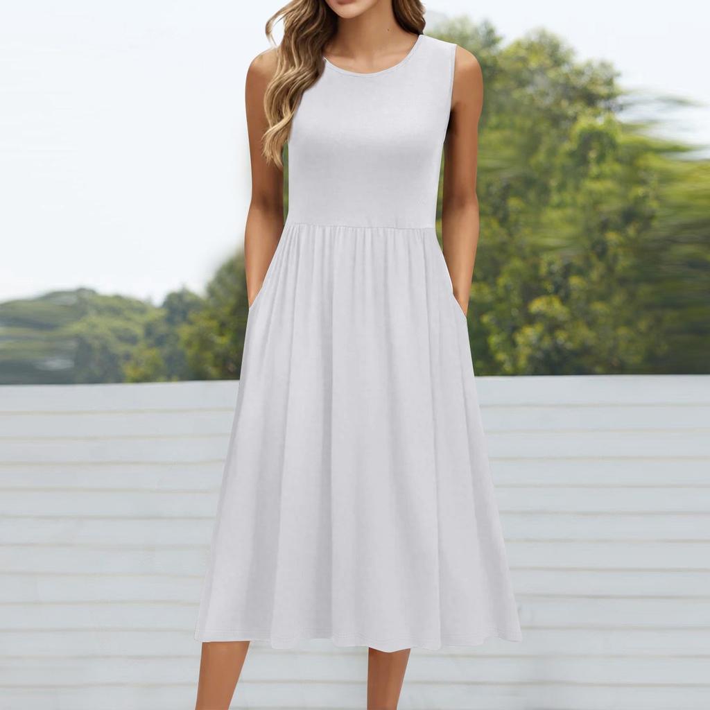 Женское модное однотонное платье без рукавов с круглым вырезом и карманом средней длины