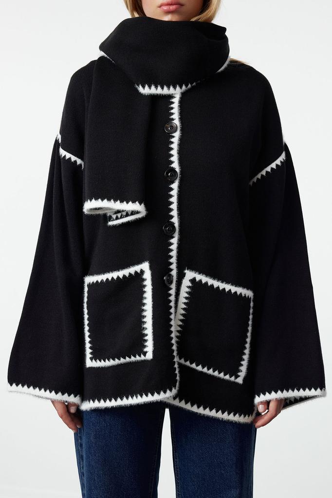 Женский модный стильный кардиган, черный мягкий текстурированный шарф с детальным рисунком бороды, трикотаж, кардиган