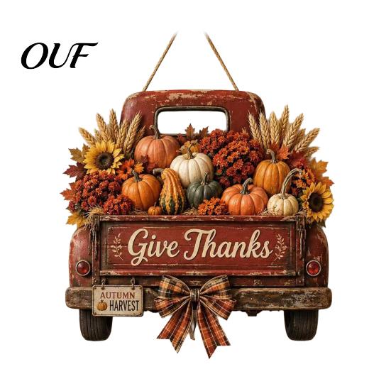 Wooden Hanging Sign for Front Door Harvest Pumpkin Truck Door, Fall with Outdoor Decor Hemp Rope, Distressed Farmhouse Welcome Sign, Autumn