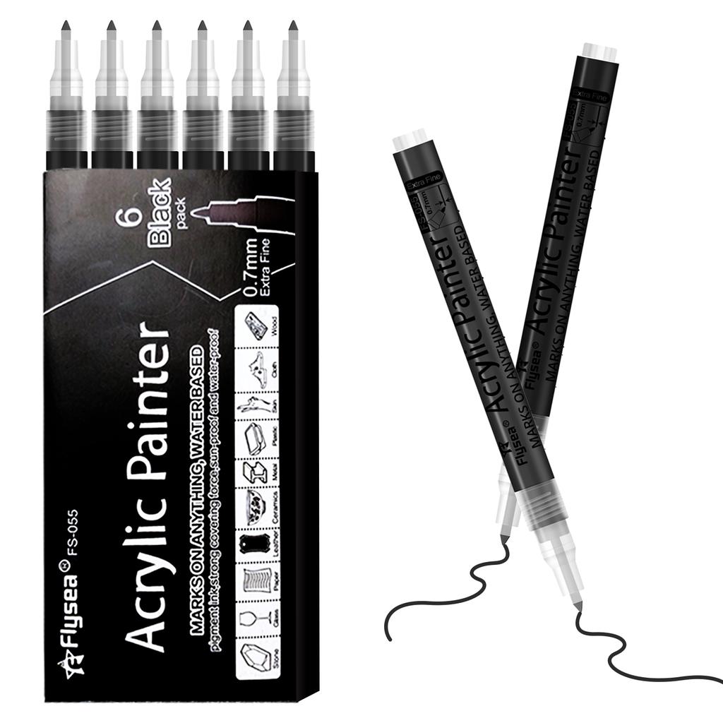 6Pcs/set Black Acrylic Paint Pen For Rock Painting Stone Ceramic Glass Wood Tire Fabric Metal Canvas Graffiti Pen