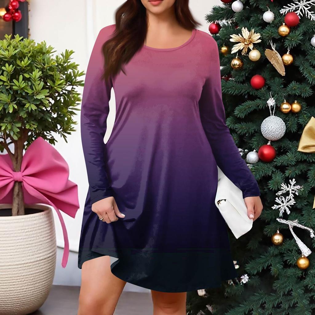 Женское повседневное платье большого размера с градиентным принтом, карманом, круглым вырезом и длинными рукавами, для весны/осени