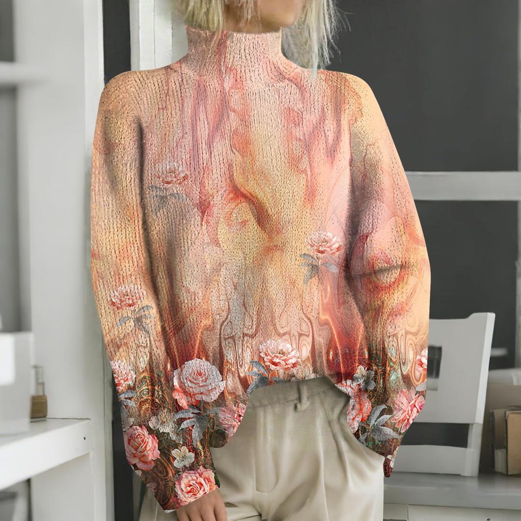 Женская мода повседневная с длинным рукавом и принтом, с высоким воротом, шерстяной трикотаж