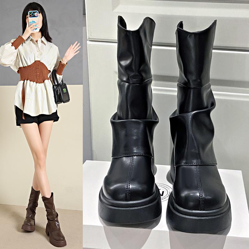 Плиссированные кремовые сапоги на толстом каблуке - 2025 осень/зима британская мода женские сапоги на высоком каблуке