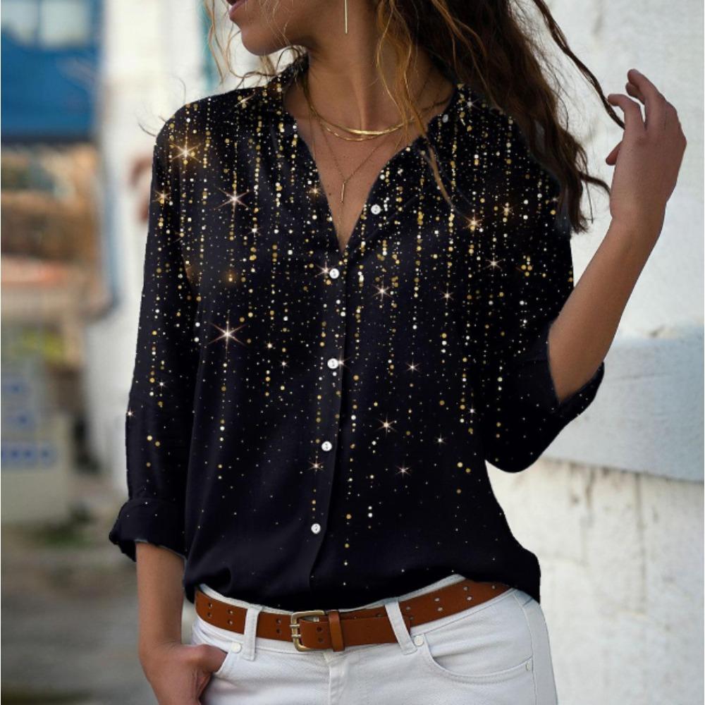 Star Print Women Blouse Spring Autumn Femme Office Lady Button Up Turn Down Collar Shirts