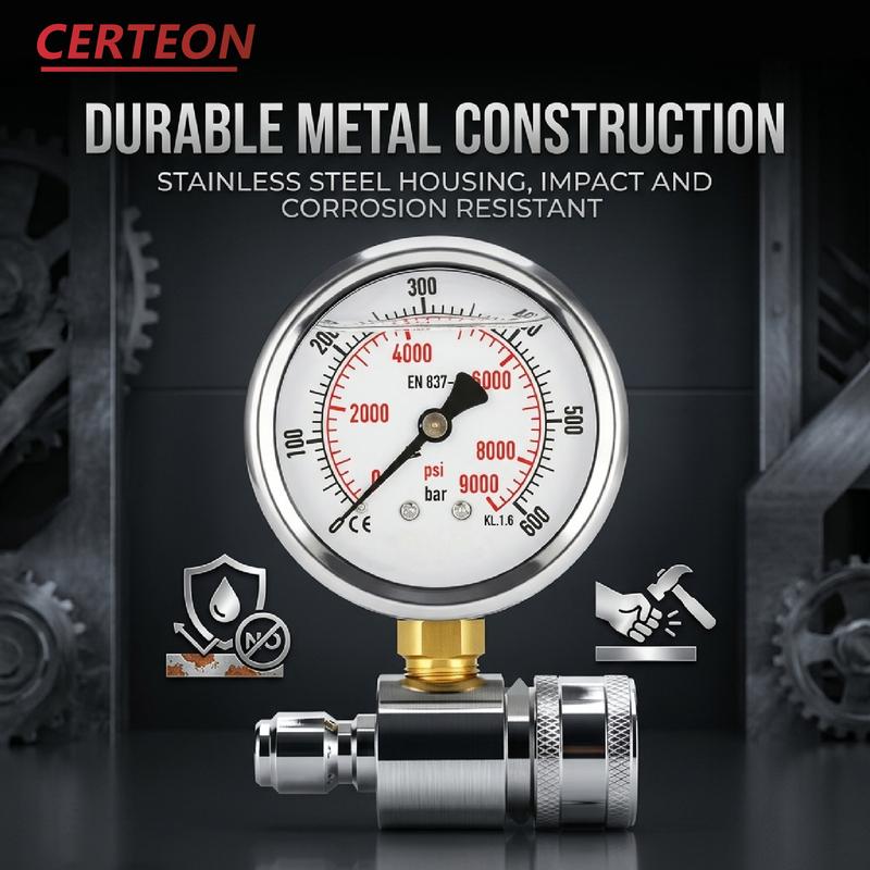 High Pressure Gauge 600Bar PSI 3/8 Pressure Washer Water Cleaning Industrial Gauge Stainless Steel Dual Scale