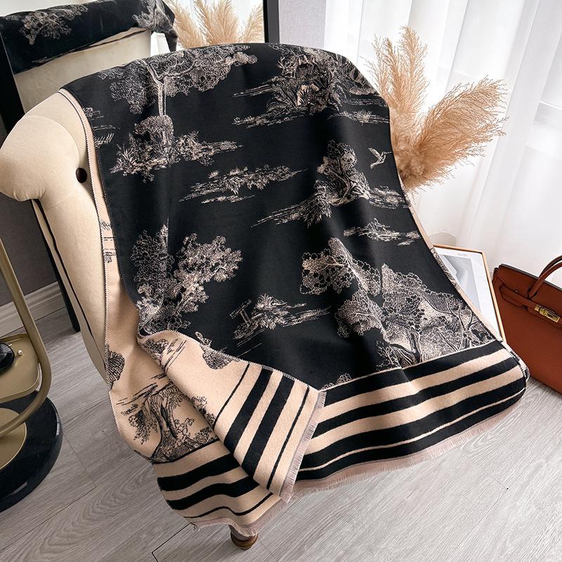 Мори Осень и Зима Теплый Продвинутый Чувство Снижения Возраста Шарф Двусторонний Принт Накидка Классический Цвет Универсальный Шарф Женский