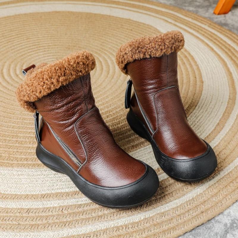 Women Winter Fashion Warm Plush Genuine Leather Women's Boots With Anti Slip Soft Sole Comfortable Side Zipper Short Boots