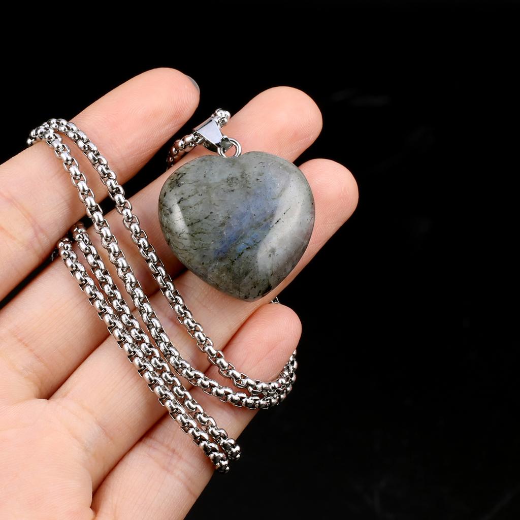 1 шт. в партии, ожерелье из натурального камня, кулон в форме сердца, кристалл, аметист, агат, опал, цепочка из нержавеющей стали, ожерелья для женщин, ювелирные изделия 30x30x10 мм