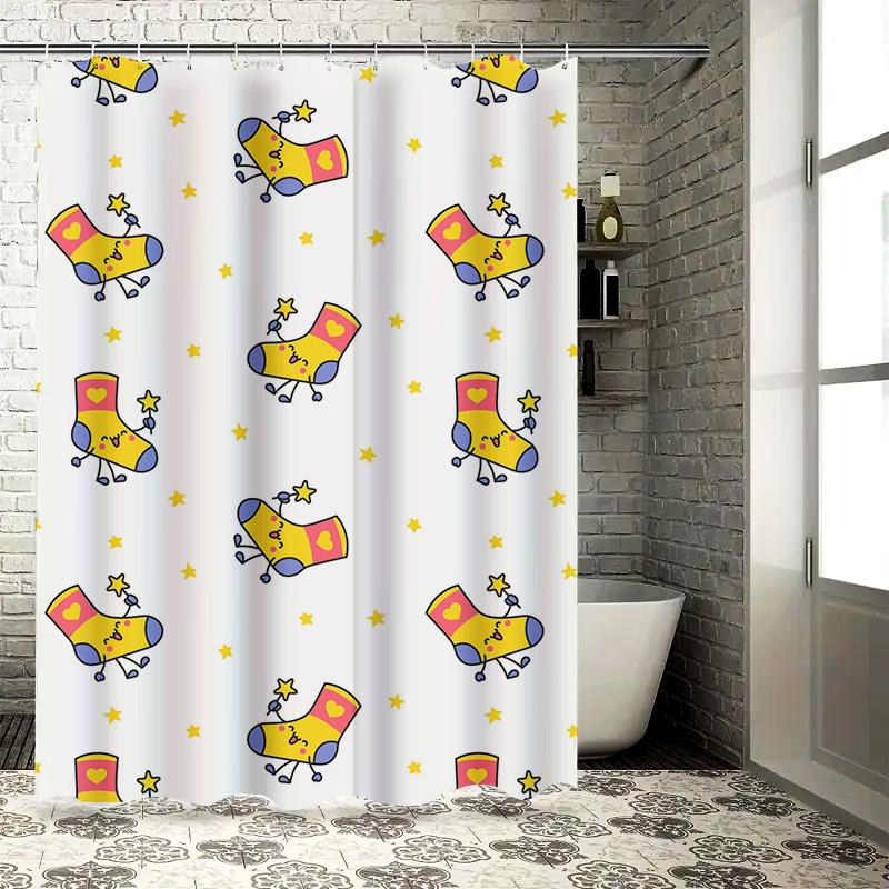 Cheerful Cartoon Socks Shower Curtain for Kids Bathrooms Decor White Background with Yellow Stars Perfect Gift for Children's Ro