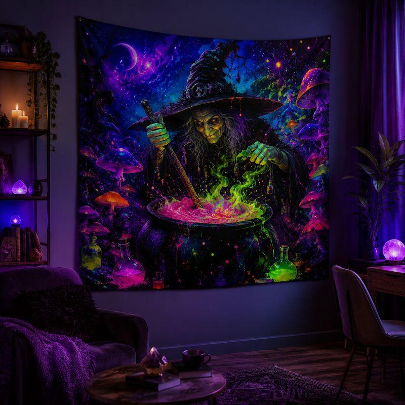 Witch Starry Sky Fluorescent Tapestry, Neon Bohemian Wall Hanging Decor for Bedroom Living Room, Galaxy Home Art Cloth
