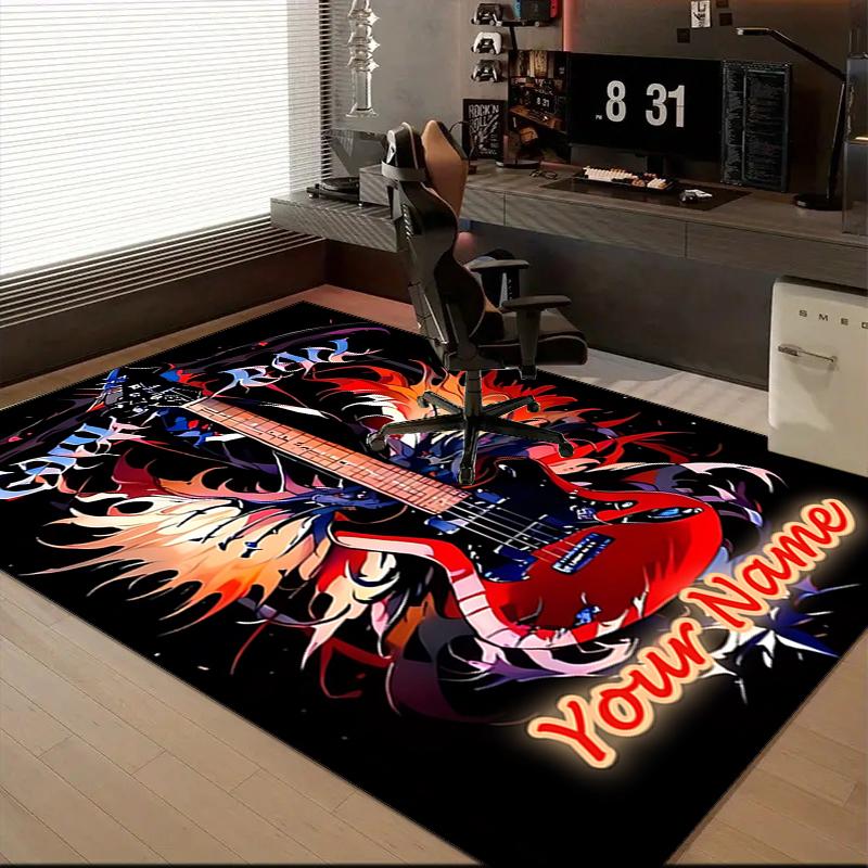 1PC Custom Name Guitar Art Fire Wings Theme Floor Mat Ideal for Living Room, Game Rooms, Office, Bedroom Floor Mat Playful Design