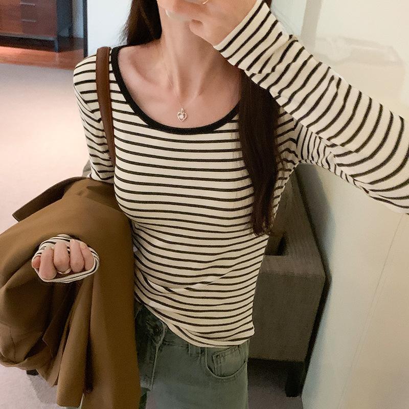 Contrast Color Striped Large Round Neck Long-sleeved T-shirt for Women In Autumn New Elastic Slimming Inner Layered Shirt Top