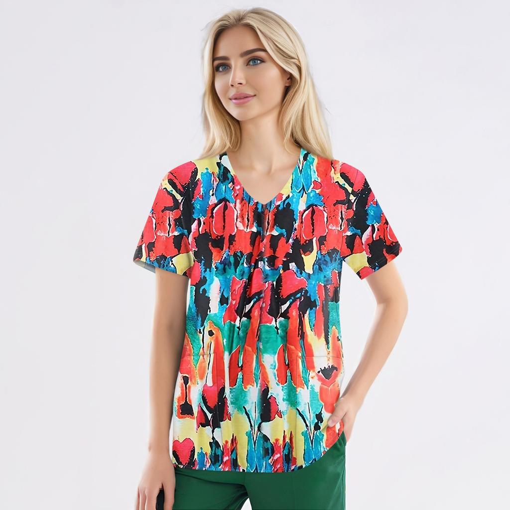 Рабочая форма больших размеров с принтом, топы для женщин, забавные футболки с v-образным вырезом и короткими рукавами, рабочая одежда, футболка с карманами
