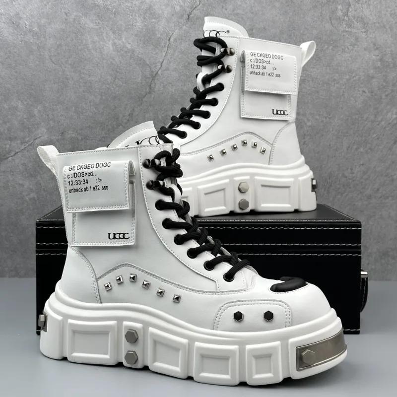 2025 Новые мужские ботинки Модный дизайн Металлические украшения Заклепки Кожаные ботинки High Street Хип-хоп Танцевальные панк Мотоциклетные мужские ботинки