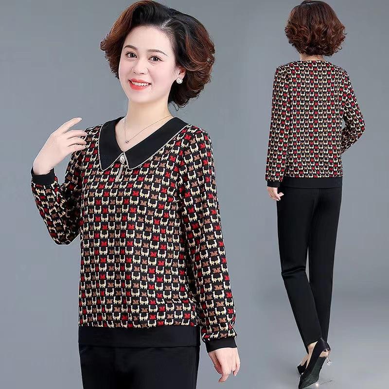 Весеннее платье для мам среднего возраста с кукольным воротником, футболка в иностранном стиле, маленькая рубашка, свободный топ с длинными рукавами в иностранном стиле для женщин среднего и пожилого возраста