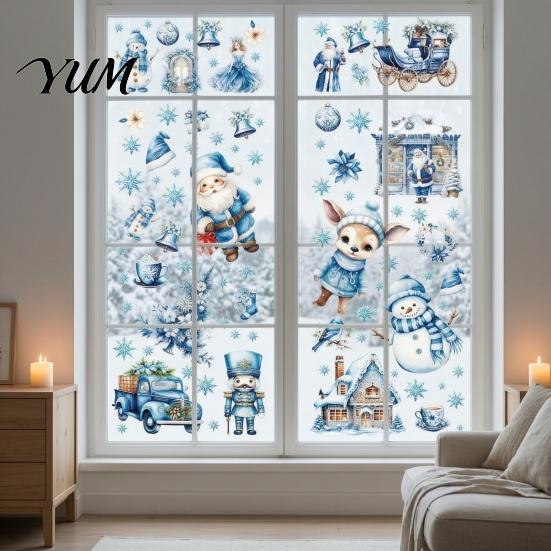 Holiday Party Glass Decorations 9Pcs Christmas Window Clings, Blue Santa Snowman Reindeer Static Stickers, Winter Theme Clings Reusable Double