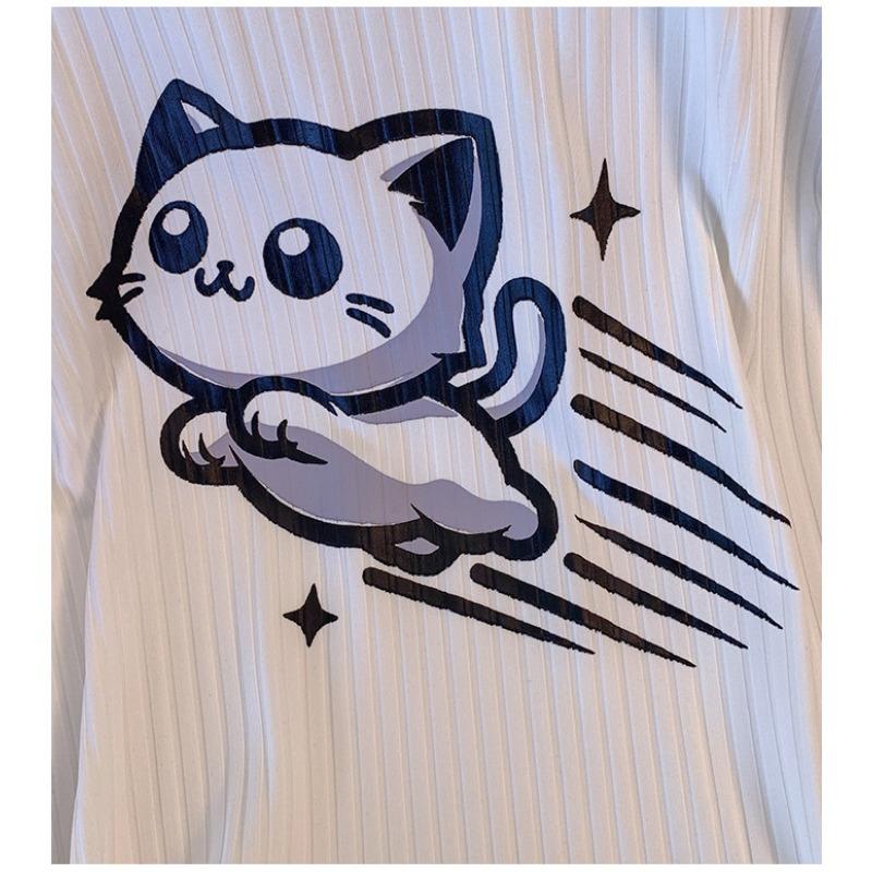 Женская летняя футболка из ледяного шелка больших размеров, топы с короткими рукавами и принтом кота, свободные и тонкие с положительным плечом и круглым вырезом