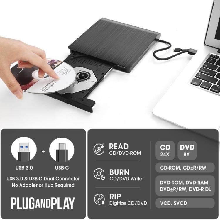 Портативный DVD-плеер Plug and Play, DVD-ридер с USB 3.0/Type C, для ноутбуков и настольных компьютеров, DVD-плеер-записывающее устройство