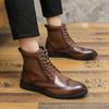 Men Lace Up Boots Genuine Leather Ankle Boots Thick Soled Long Tube Rubber Thick Sole Brogue Fashion Business Dating Party Shoes