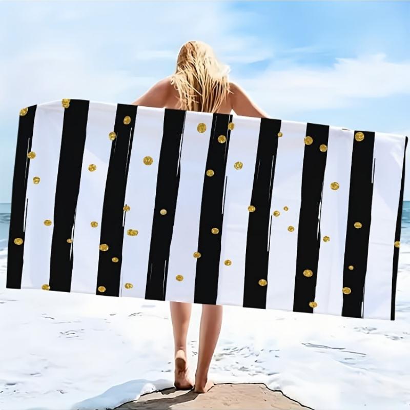 2D Flat - 1pc Black and White Striped with Golden Dots Beach Towel | Soft, Skin-Friendly, Non-Shedding, Easy to Clean, Durable