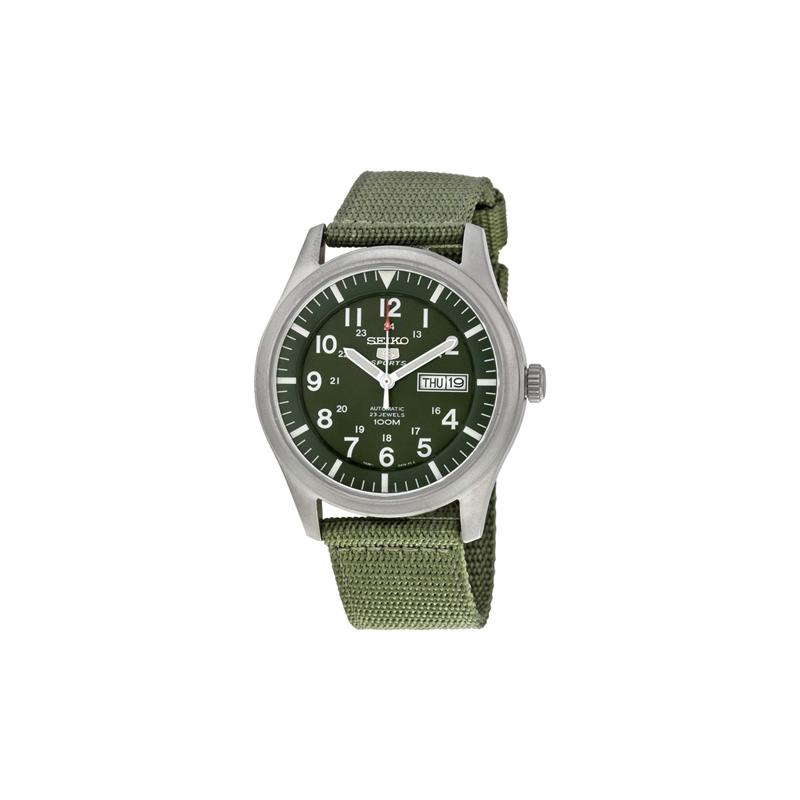 Seiko Seiko5 водонепроницаемые с отображением даты Автоматические мужские часы на нейлоновом ремешке с зеленым циферблатом SNZG09K1