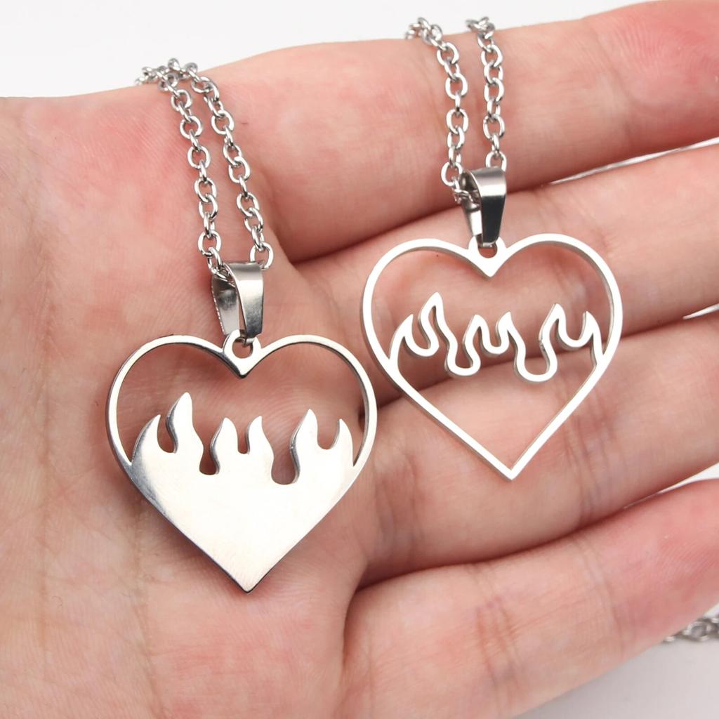 Couple Love Heart Flame Pendant Necklace Sets Gothic Punk Hip Hop Hallow Heart Fire Clavicle Necklace Stainless Steel Jewerly