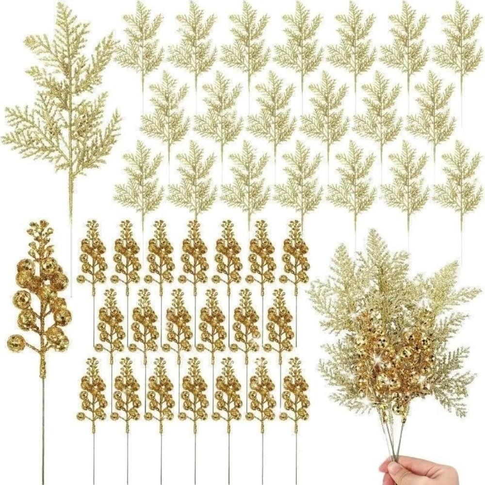 5Pcs Solid Color Christmas Pine Branches Glitter Fake Plants Desktop Living Room Decor
