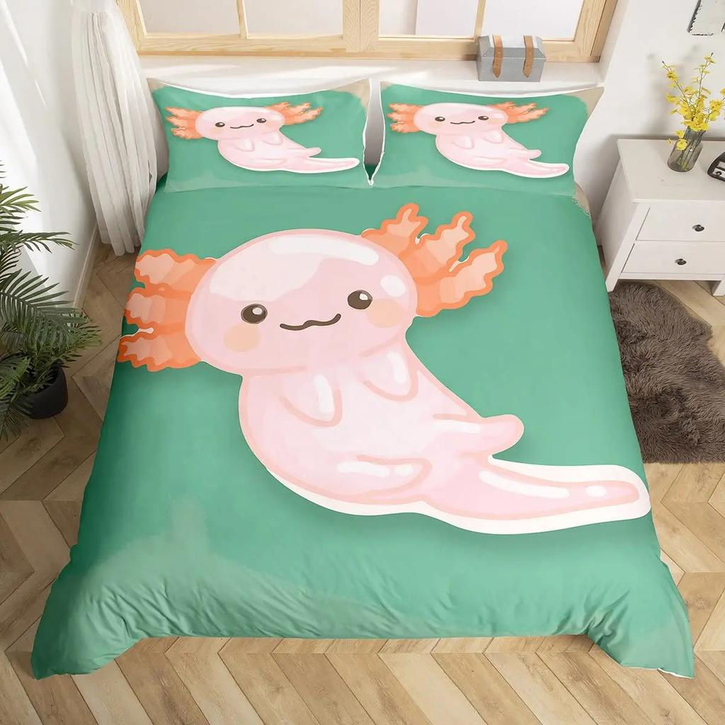 Axolotl Duvet Cover Set Pink Newt Wildlife Comforter Cover With Pillowcases Cartoon Octopus Animal Kawaii Style Twin Quilt Cover