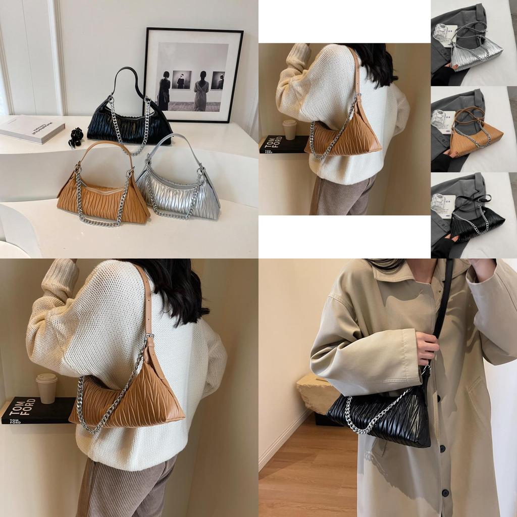 Stylish Korean Women's Pleated Shoulder Bag 2023 Trendy Pu Leather Chain Strap
