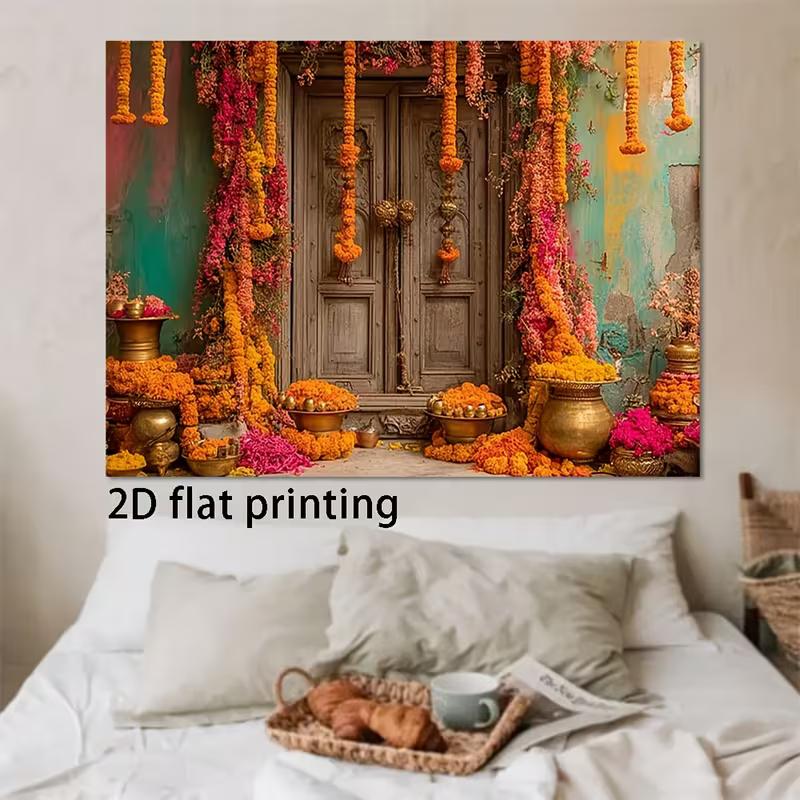 2D Vibrant Floral Door Photography Background, Vintage Indian Door with Marigold Garlands for Festival